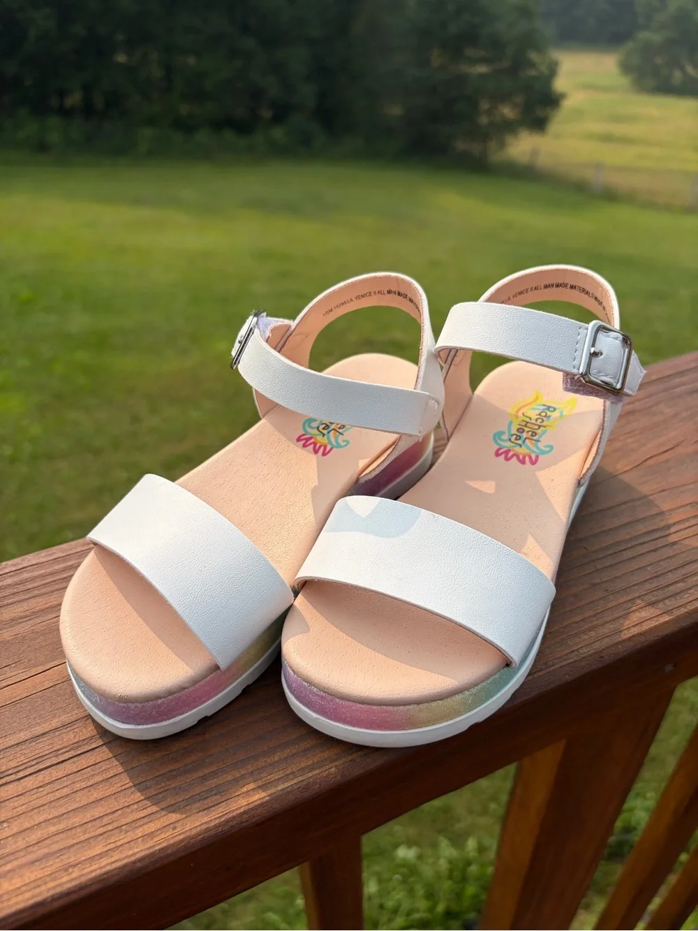 Kids White Strap Sandals with Pastel Rainbow Trim
